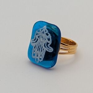 Hand crafted artisan made blue glass Israel  Hamsa handwritten statement ring